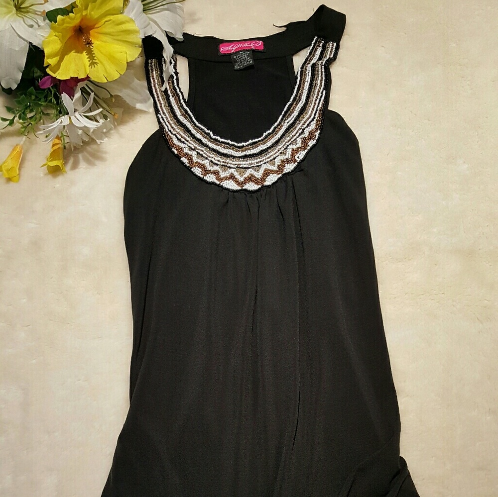 🆑 3/$25 & $4.99 To Ship Woman’s Black Beaded Tunic Collar Top Blouse Shirt M